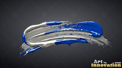 Thick silver and blue paint sweeps sideways, catching white light across ridges