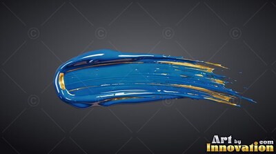 Stretched horizontally across a gray backdrop, a wide blue paint smear has gold flecks