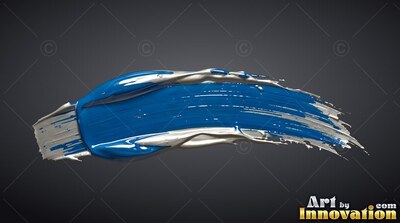 A thick blue and silver paint stroke sweeps across a deep gray background