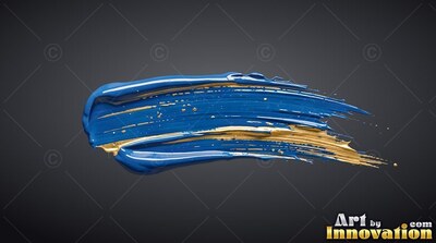 Against a dark gray space, a thick blue paint stroke trails gold streaks