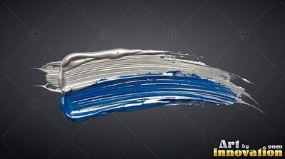 Sweeping against a dark gray backdrop, thick silver and royal blue paint forms a brushstroke