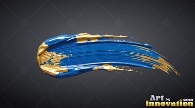 Thick blue and gold paint stroke across a deep gray background