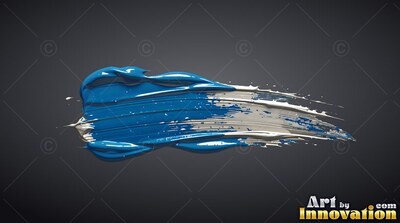 Thick ridges of glossy blue paint stretch across a plain deep gray backdrop