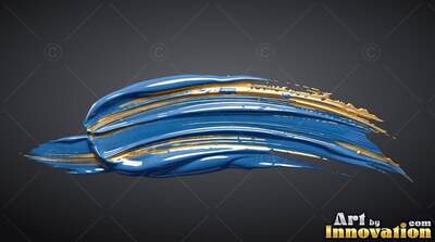 A blue paint stroke sweeps horizontally across gray with bright gold highlights