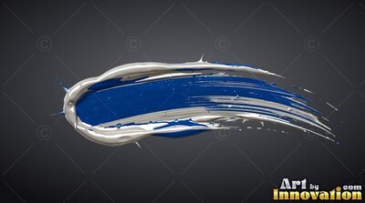 Curving horizontally on dark gray, a wide blue paint smear edged in silver