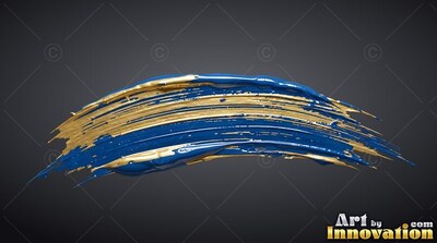 A thick curved brushstroke of wet blue and metallic yellow-gold paint over dark gray