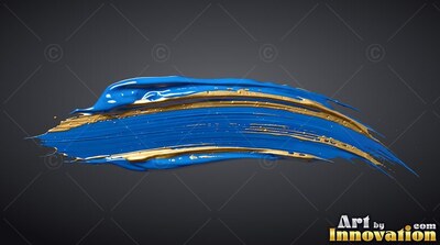 Against a deep gray backdrop, a thick stroke of blue paint is striped with gold