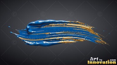 Sweeping across a black backdrop, a thick stroke of blue paint is striped with gold
