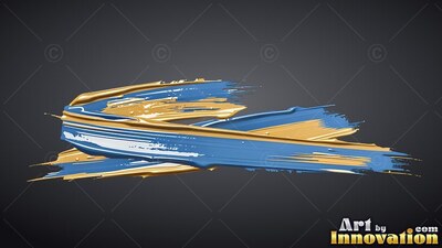 Glossy blue and shiny gold paint strokes sweep horizontally against a solid dark gray backdrop