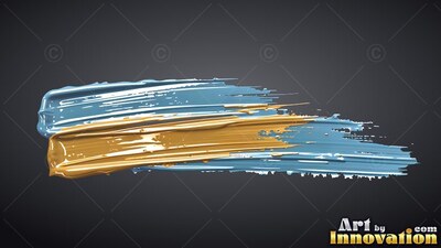 Thick paint curves across deep gray with bright white highlights across shiny blue and ochre strokes