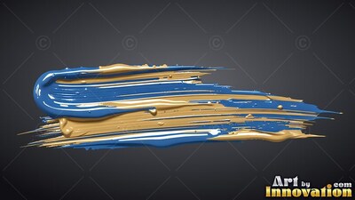 Stretched horizontally across dark gray, a thick blue and gold paint stroke