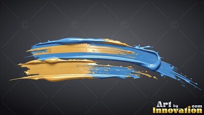 Thick blue and metallic gold paint swoops across a dark gray backdrop