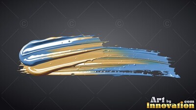 On a shadowed backdrop, a thick stroke of gold and blue paint curves across