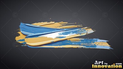 Sweeping horizontally, thick blue and bright gold paint strokes overlap on dark gray