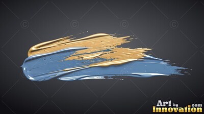 Thick gold and blue paint strokes on a charcoal gray surface