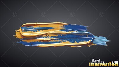 Thick glossy yellow ridges run across a blue paint stroke on a dark gray background
