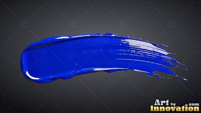 A thick stroke of slick blue paint sweeps on a dark gray background