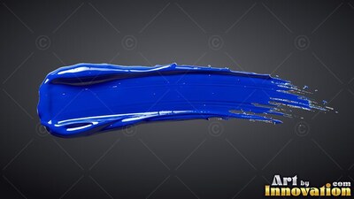 Glossy wet ridges line a thick cobalt blue paint stroke across a dark gray space
