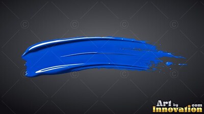 Against a dark gray background, a thick smear of glossy blue paint trails across