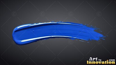 A wide blue paint smear curves across a gray background with glossy white highlights