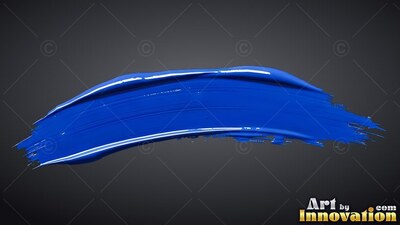 Arched horizontally against dark gray, a heavy blue brushstroke shines with wet highlights