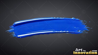 A thick brushstroke of shiny blue paint curves across a charcoal gray surface