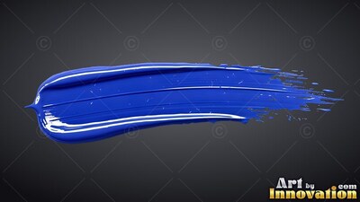 On a dark background, a thick stroke of shiny blue paint sweeps across with light streaks