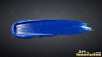 Stretching across dark gray, a thick blue paint stroke ends in dry bristles