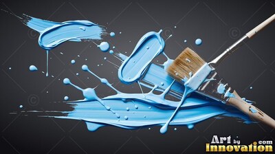 Thick light blue brushstroke runs across a dark surface beneath a flat brush with wet highlights