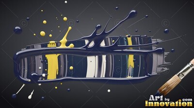 A dark navy paint stroke with yellow and white streaks splashes beside a brush