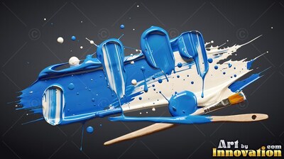 Thick blue and white paint strokes splash next to two wooden brushes on black