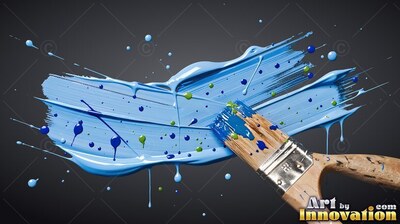 Sweeping across a black backdrop, a paintbrush leaves a wet stroke of light blue paint