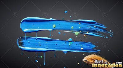 Two bright blue paint strokes with wet drips over dark gray