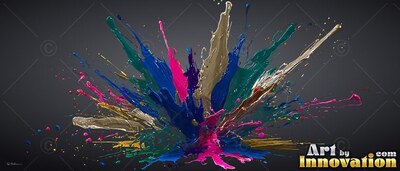 Glossy spikes of blue and pink paint burst upward against a dark gray background