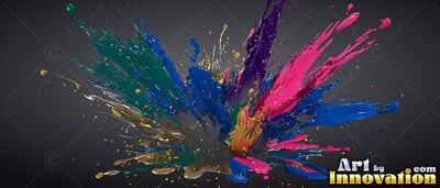 Thick liquid paint bursts outward into glossy blue, pink, and gold splashes against dark gray