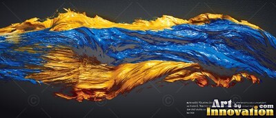 Spreading sideways across a shadowed backdrop, thick blue and yellow-gold paint curls