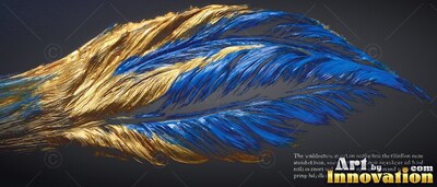 A thick paint stroke shaped like a feather mixes bright blue and shiny gold on black