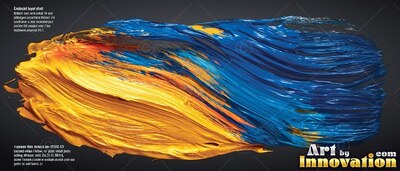 Against a dark background, a thick smear of blue and yellow wet paint trails across