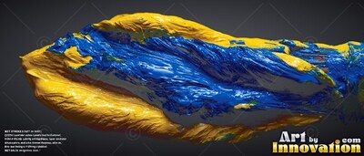 Swirling across deep gray, a thick stroke of glossy blue and yellow paint