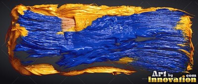 Thick blue and yellow paint smeared across black