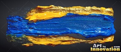 Ridged blue paint spreads across a black backdrop between thick yellow strokes