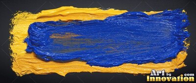 Thick blue paint sweeps over a layer of yellow paint with glossy ridges under soft light