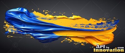 Stretched horizontally on dark gray, thick blue and yellow paint sweeps smoothly