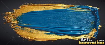 A thick blue paint stroke sits over a wide band of gold paint on black