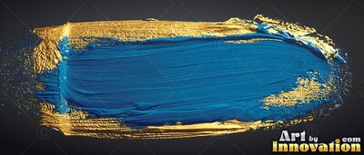 On a black background, a thick stroke of blue paint with gold edges