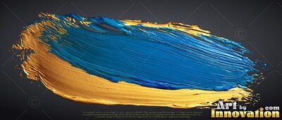 Sweeping horizontally, thick blue and metallic gold paint curves across a dark surface