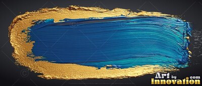 Thick blue brushstroke layered over gold paint on black background