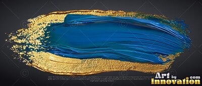 A heavy blue brushstroke covers a textured gold paint mark on a black background