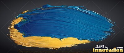 A thick blue paint stroke sweeps over yellow paint with bright highlights on the ridges