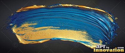 Swept horizontally across dark space, thick blue and shiny gold paint with ridged edges